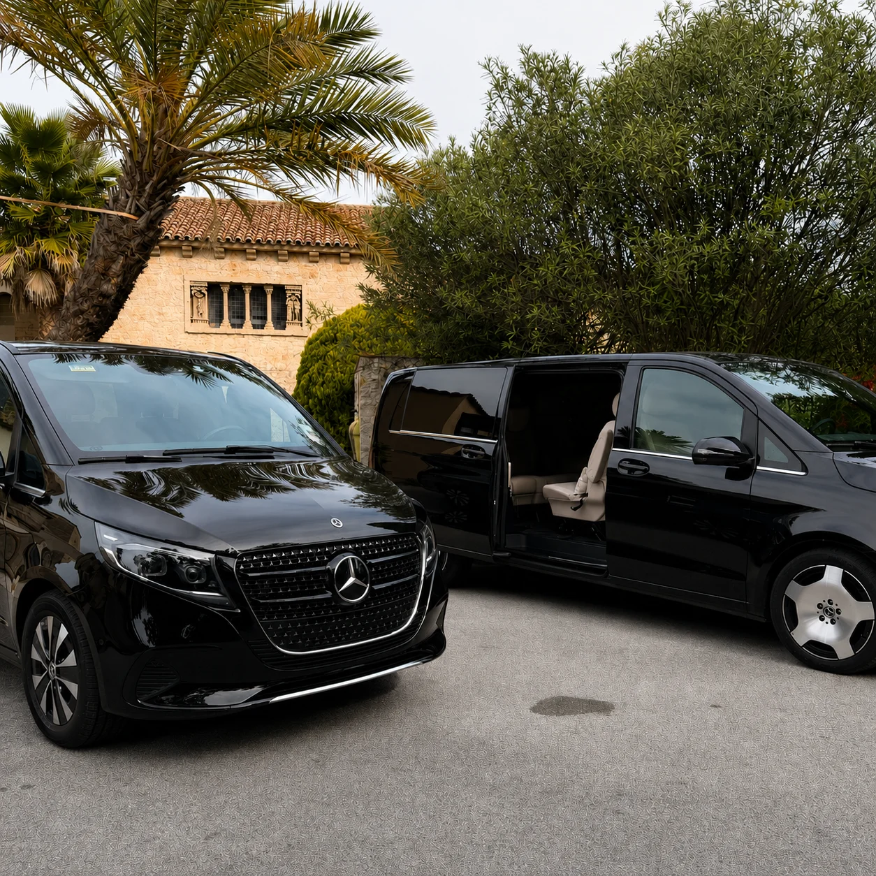 Deux Mercedes Classe V devant une villa méditerranéenne — navettes invités mariage Côte d'Azur, B.LIFTED France