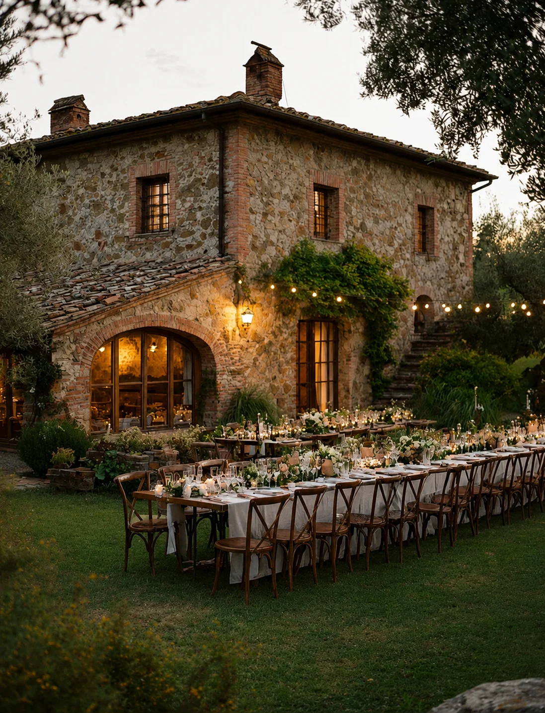Dîner de mariage dressé devant un mas en pierre au crépuscule — transport des invités, B.LIFTED France